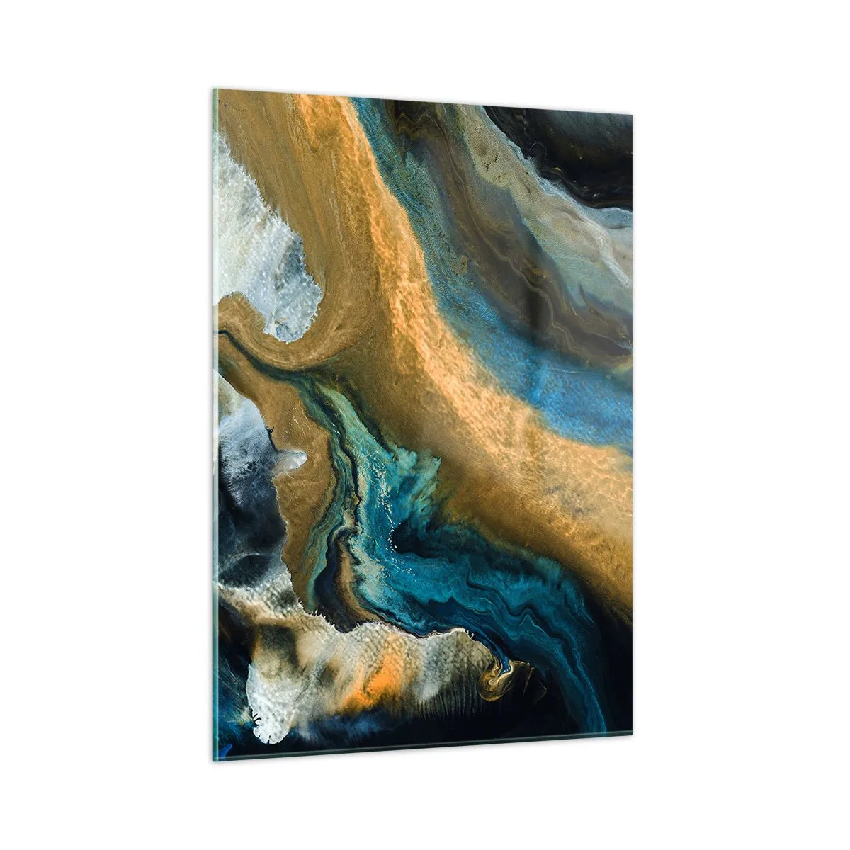 Obraz na szkle - Abstrakcyjna kompozycja w odcieniach błękitu i złota - 50x70cm - Niebieski – zółty – wzajemne wpływy - Nowoczesna dekoracja ścienna do salonu, kuchni i sypialni ARTTOR