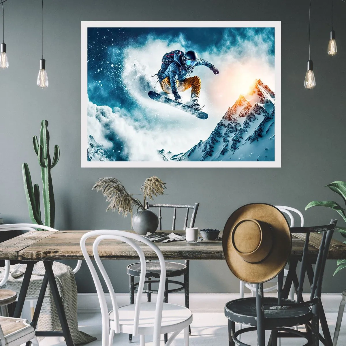 Plakat - Snowboardzista w locie nad ośnieżonymi górami - 100x70cm - Ekstremalne emocje - Nowoczesna dekoracja ścienna do salonu i sypialni ARTTOR