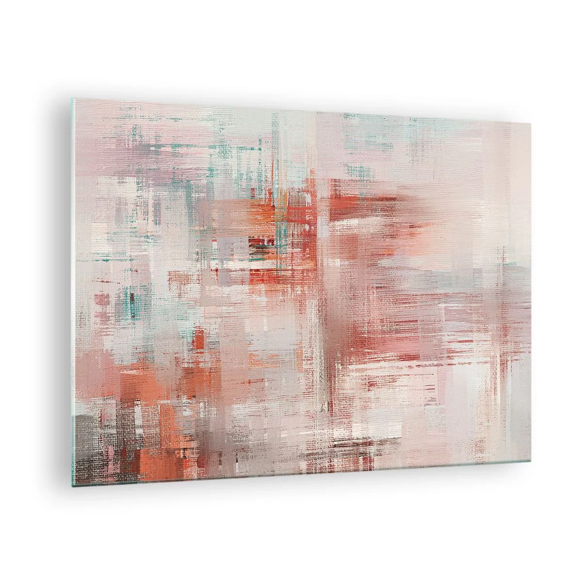 Obraz na szkle - Abstrakcyjna kompozycja w odcieniach czerwieni i beżu - 70x50cm - Zamglone. Ale różowe - Nowoczesna dekoracja ścienna do salonu i sypialni ARTTOR