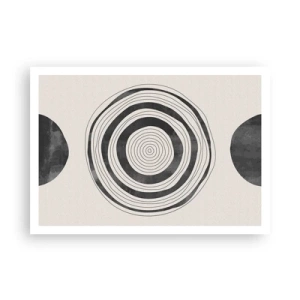 Plakat - Minimalistyczne czarno-białe okręgi na jasnym tle - 100x70cm - Ważne to co pomiędzy - Nowoczesna dekoracja ścienna do salonu i sypialni ARTTOR