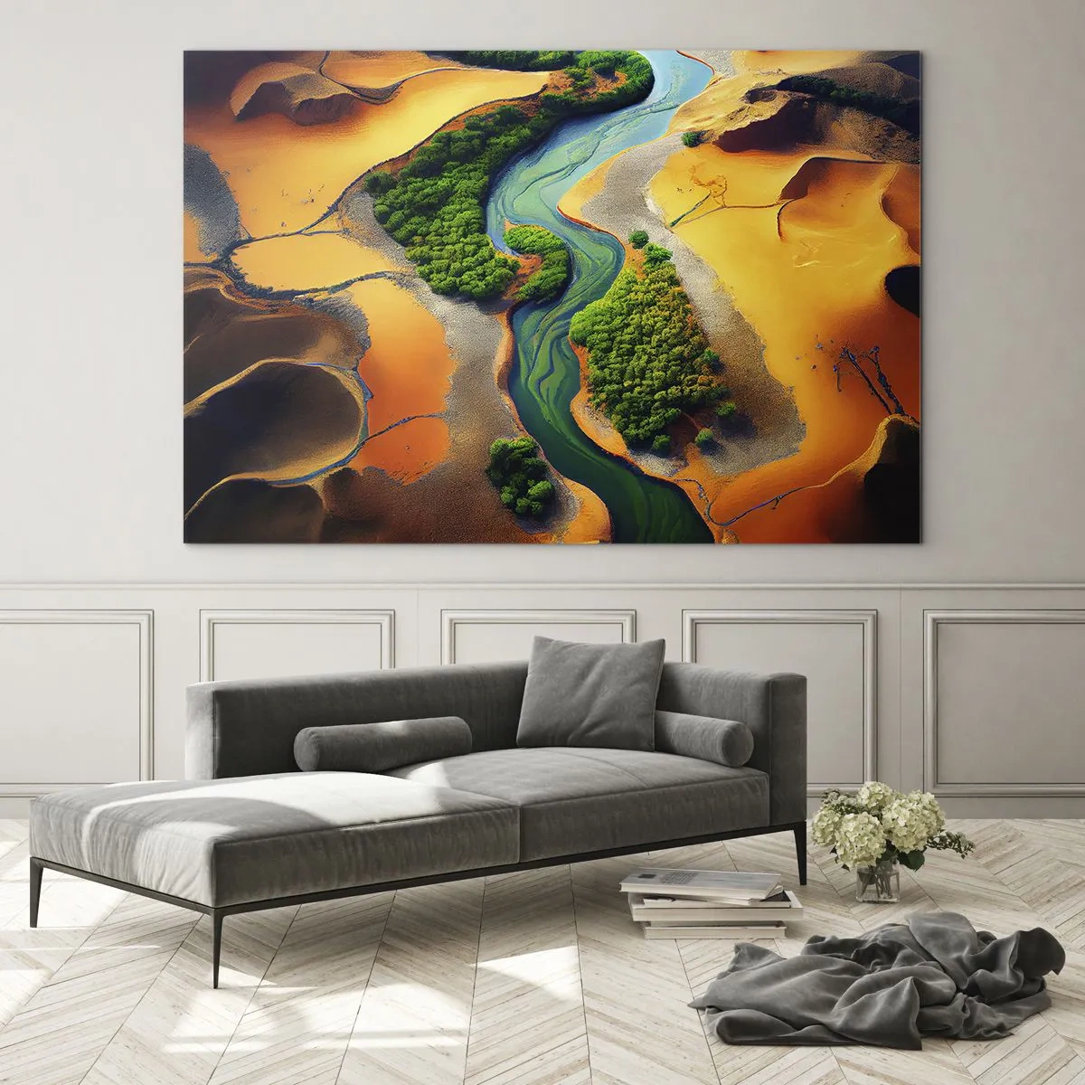 Obraz na szkle - Zielone oazy i rzeka wśród pomarańczowych wydm - 70x50cm - Życiodajna rzeka - Nowoczesna dekoracja ścienna do salonu i sypialni ARTTOR