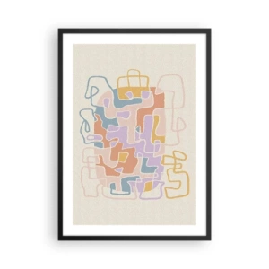 Plakat w czarnej ramie - Kolorowa abstrakcja z nieregularnymi liniami na jasnym tle - 50x70cm - Labirynt – radosna przygoda - Nowoczesna dekoracja ścienna do salonu i sypialni ARTTOR