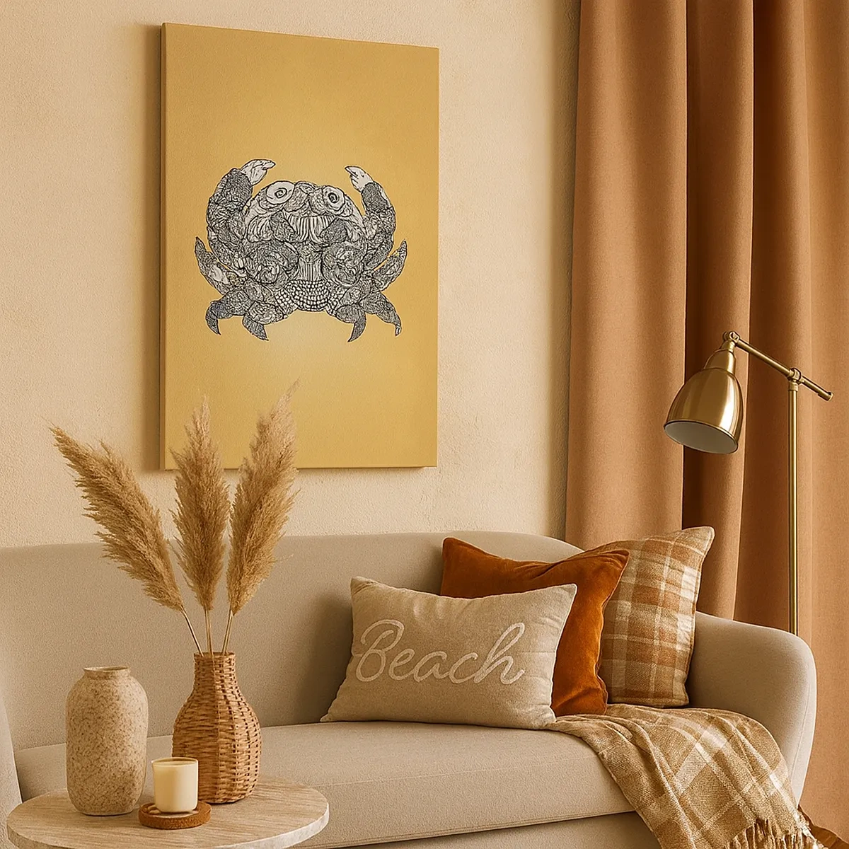 Obraz na płótnie - Dekoracyjny rysunek kraba w stylu mandali na beżowym tle - 50x70cm - Opowieści Pana Kraba - Nowoczesna dekoracja ścienna do salonu, kuchni i sypialni ARTTOR