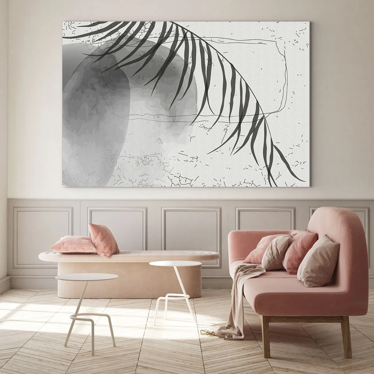 Obraz na szkle - Czarno-biała grafika z cieniem liścia palmowego - 70x50cm - Subtelna egzotyka natury - Nowoczesna dekoracja ścienna do salonu i sypialni ARTTOR