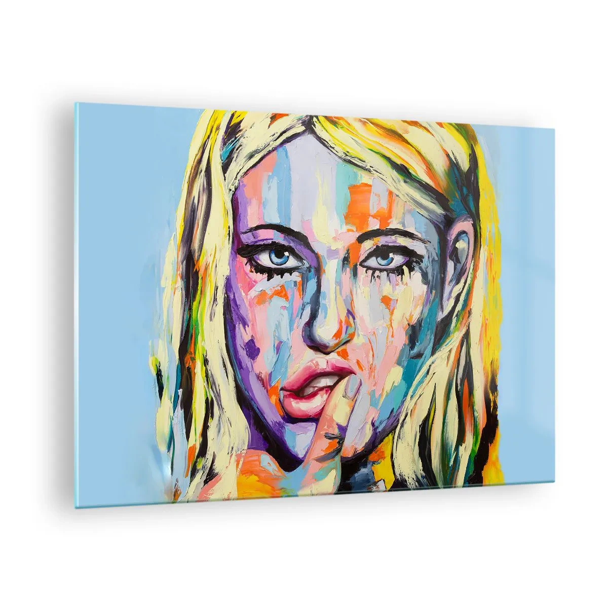 Obraz na szkle - Kolorowy portret kobiety z wyrazem zamyślenia - 70x50cm - Spójrz jej prosto w oczy - Nowoczesna dekoracja ścienna do salonu i sypialni ARTTOR