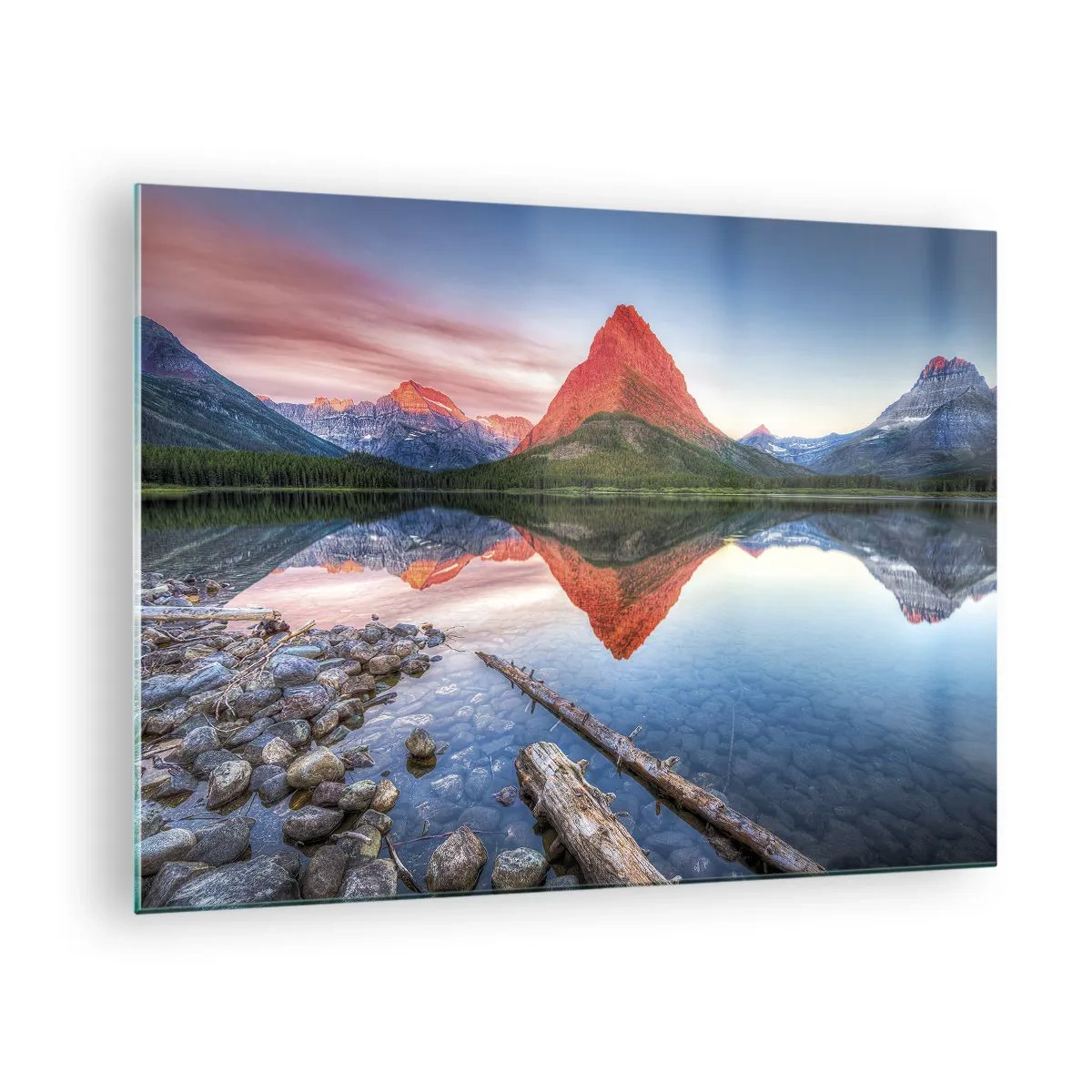 Obraz na szkle - Górski szczyt odbijający się w spokojnym jeziorze - 70x50cm - Żar i chłód - Nowoczesna dekoracja ścienna do salonu i sypialni ARTTOR