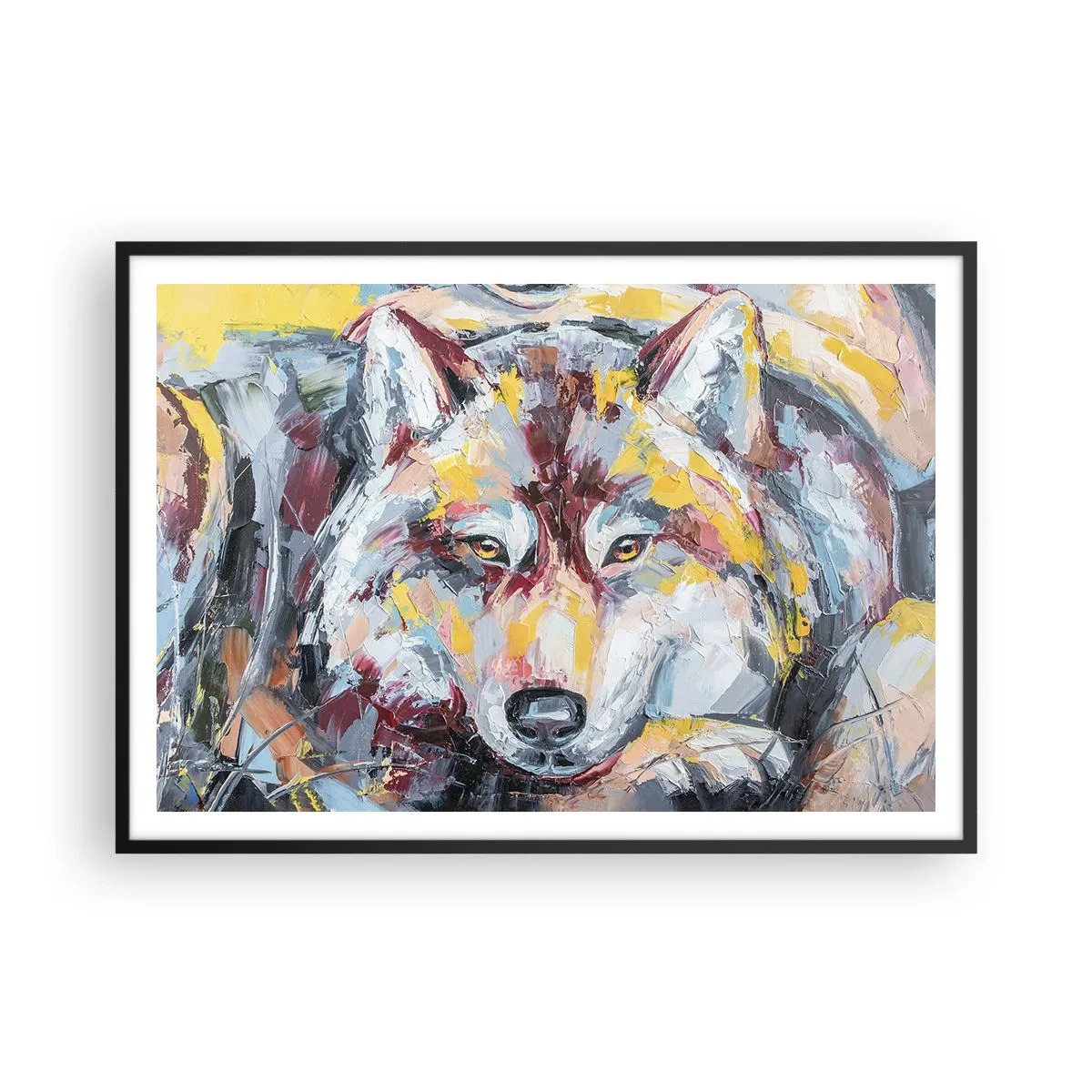 Plakat w czarnej ramie - Artystyczny portret wilka w intensywnych kolorach - 100x70cm - Spokój wśród bliskich - Nowoczesna dekoracja ścienna do salonu i sypialni ARTTOR