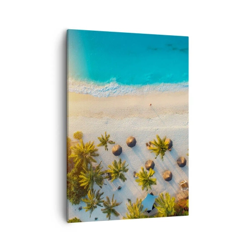 Obraz na płótnie - Widok na tropikalną plażę z palmami i błękitnym oceanem z lotu ptaka - 50x70cm - Witaj w raju - Nowoczesna dekoracja ścienna do salonu, kuchni i sypialni ARTTOR