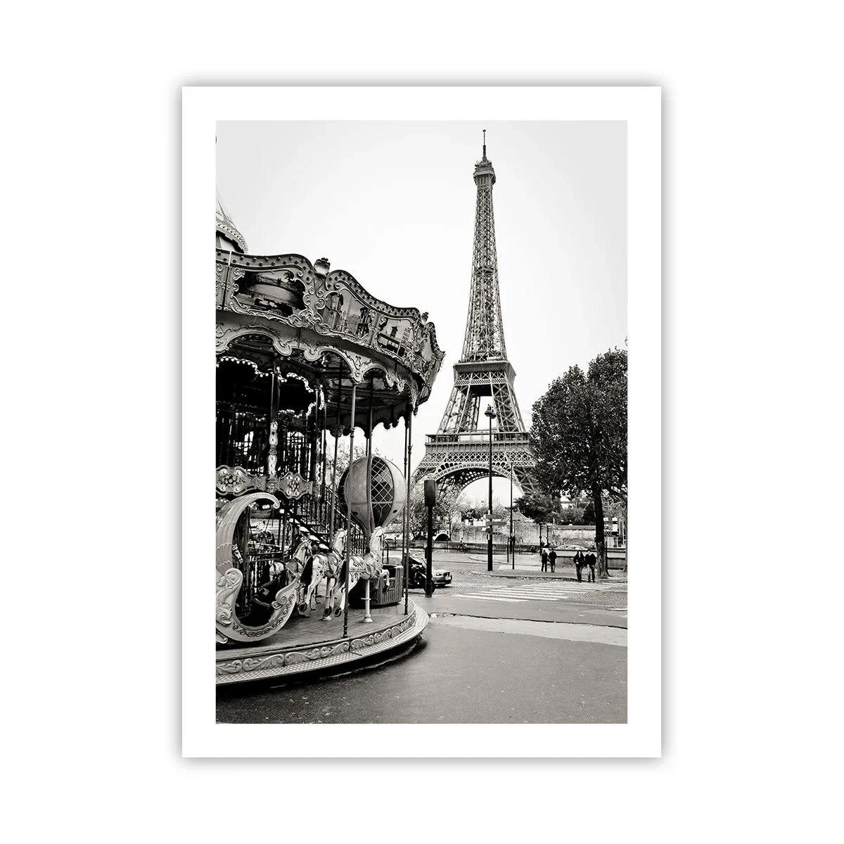 Plakat - Czarno-biała fotografia karuzeli i wieży w tle - 50x70cm - Jak zabawa, to tylko w Paryżu - Nowoczesna dekoracja ścienna do salonu, kuchni i sypialni ARTTOR