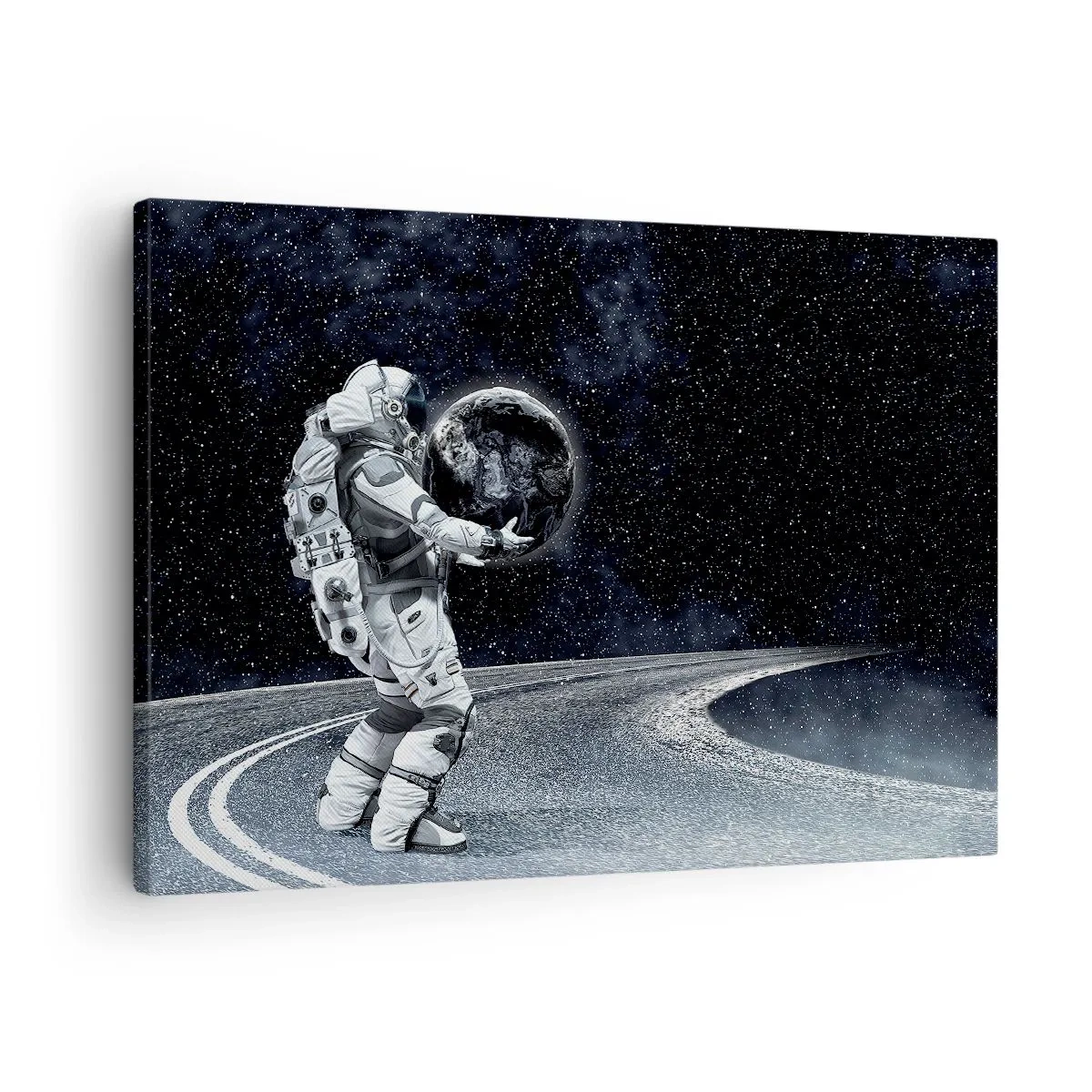 Obraz na płótnie - Astronauta z Ziemią na tle gwiaździstego nieba - 70x50cm - Na Mlecznej Drodze - Nowoczesna dekoracja ścienna do salonu i sypialni ARTTOR