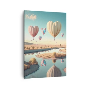 Obraz na płótnie - Balony w kształcie serc unoszące się nad krajobrazem - 70x100cm - Miłość pozwala wznieść się - Nowoczesna dekoracja ścienna do salonu i sypialni ARTTOR