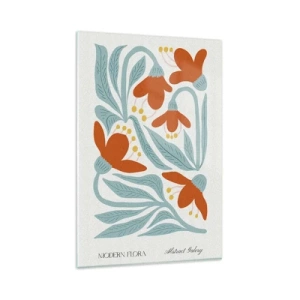 Obraz na szkle - Delikatne pomarańczowe kwiaty i liście w stylu skandynawskim na jasnym tle - 80x120cm - Ku ziemi, ku słońcu - Nowoczesna dekoracja ścienna do salonu i sypialni ARTTOR