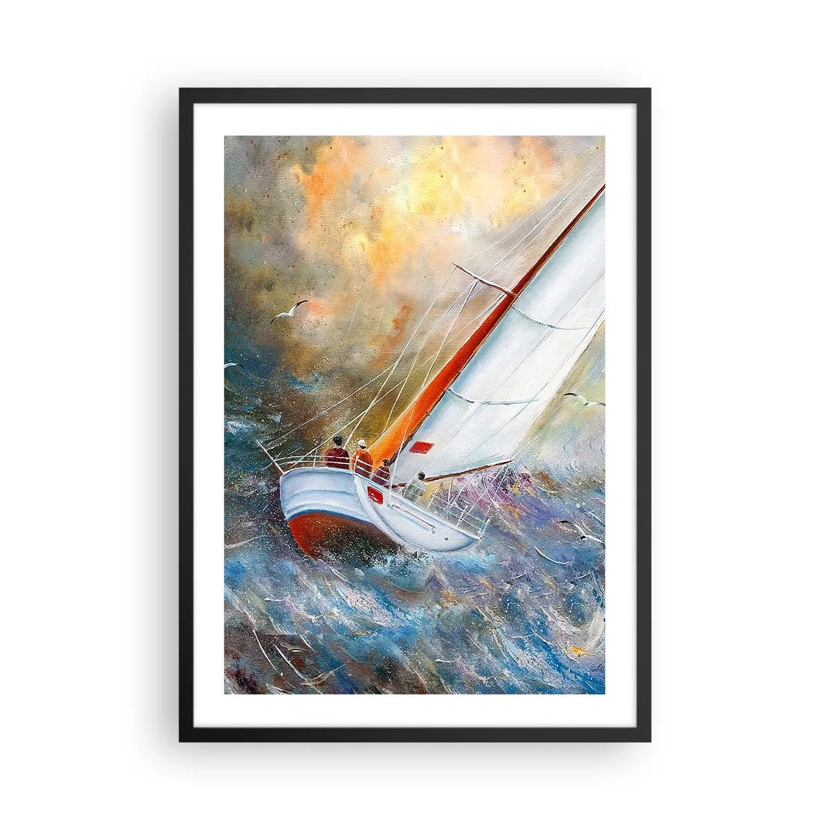 Plakat w czarnej ramie - Jacht żeglujący na wzburzonym morzu w malowniczym pejzażu - 50x70cm - Biegnące po falach - Nowoczesna dekoracja ścienna do salonu i sypialni ARTTOR
