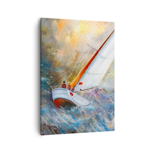 Obraz na płótnie - Malarska kompozycja przedstawiająca żaglówkę na wzburzonym morzu przy zachodzie słońca - 50x70cm - Biegnące po falach - Nowoczesna dekoracja ścienna do salonu, kuchni i sypialni ARTTOR