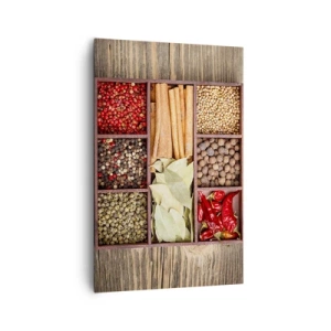 Obraz na płótnie - Drewniane pudełko z różnorodnymi przyprawami w przegródkach - 80x120cm - Porządek kształtów, bukiet aromatów - Nowoczesna dekoracja ścienna do salonu i sypialni ARTTOR