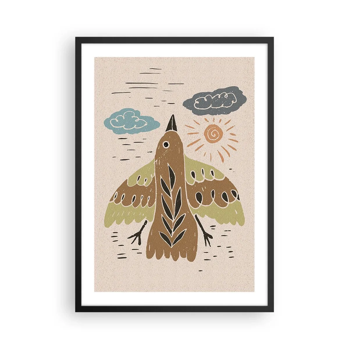 Plakat w czarnej ramie - Kolorowa ilustracja ptaka w locie, z chmurami i słońcem w tle - 50x70cm - Radosny lot - Nowoczesna dekoracja ścienna do salonu i sypialni ARTTOR