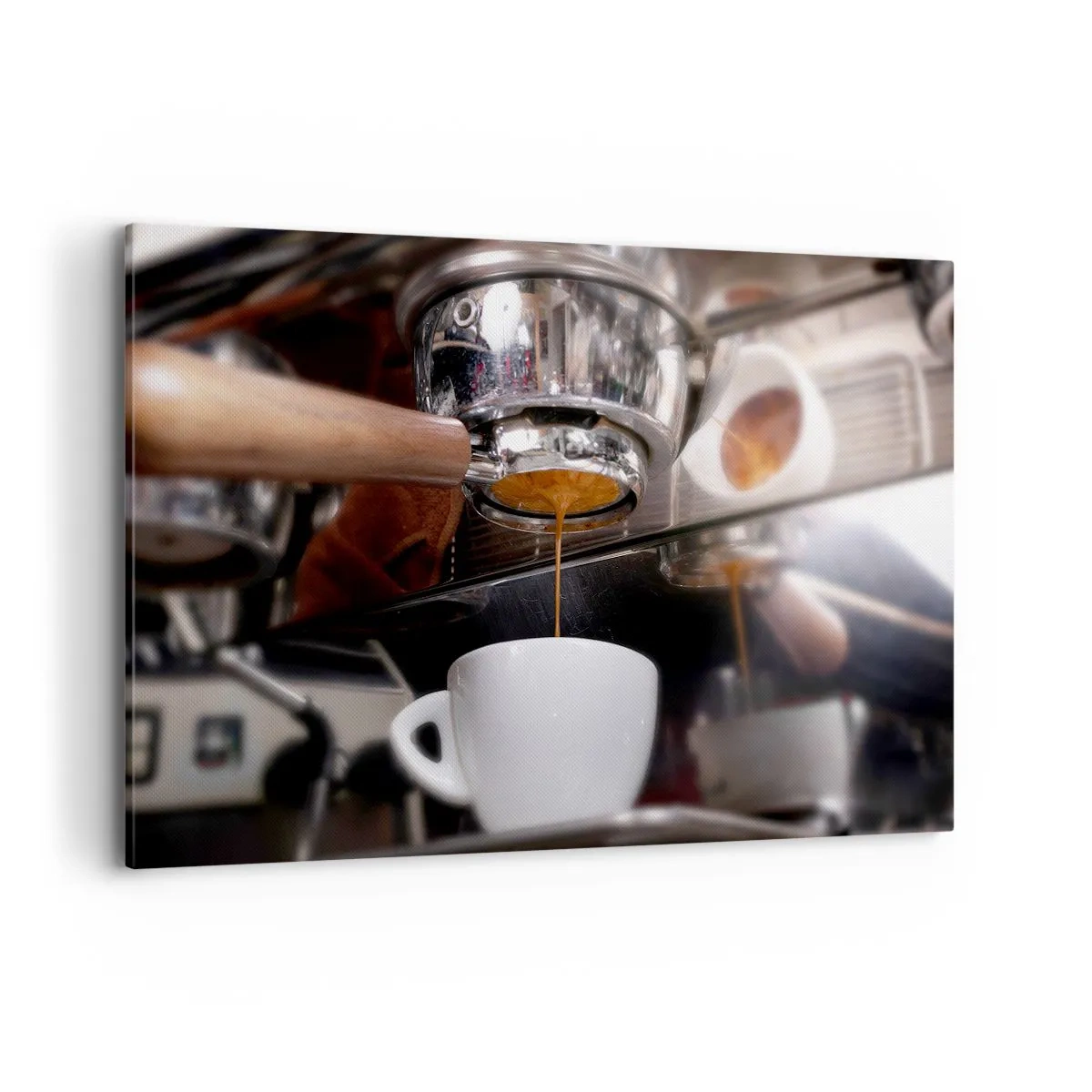 Obraz na płótnie - Zbliżenie na ekspres do kawy przygotowujący świeże espresso - 120x80cm - Dobra chwila dnia - Nowoczesna dekoracja ścienna do salonu, kuchni i sypialni ARTTOR