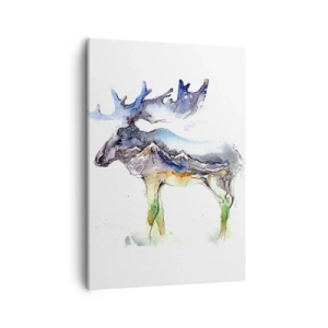 Obraz na płótnie - Akwarelowy łoś z krajobrazem górskim i nocnym niebem w porożu - 50x70cm - Bohater zimowej opowieści - Nowoczesna dekoracja ścienna do salonu, kuchni i sypialni ARTTOR