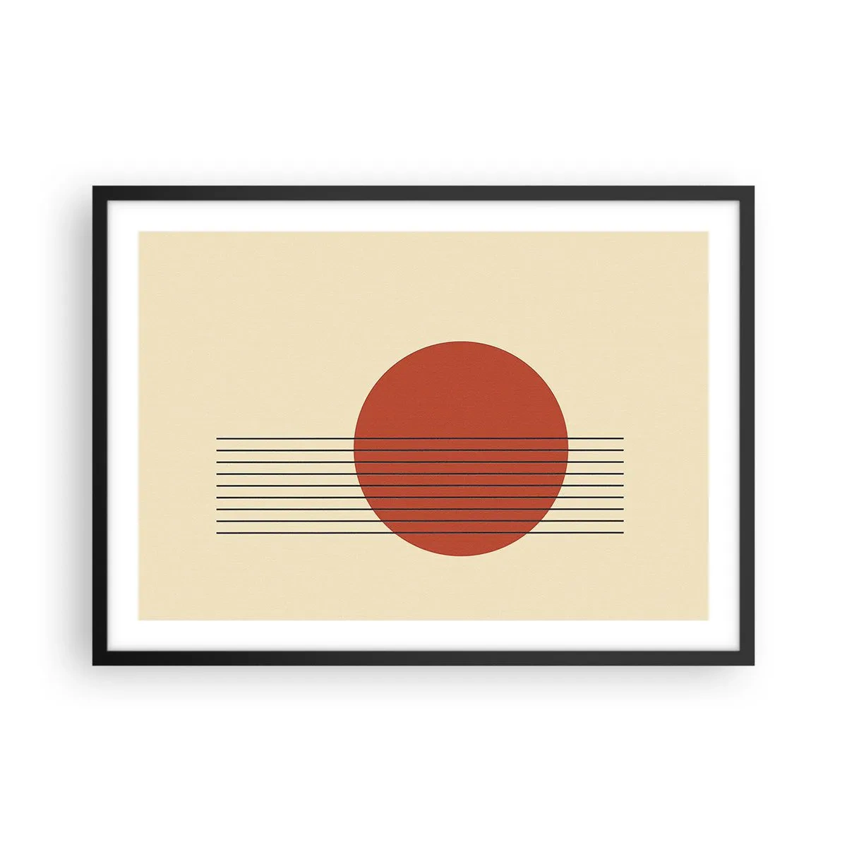 Plakat w czarnej ramie - Abstrakcyjny okrąg w czerwieni z liniami na beżowym tle - 70x50cm - W koło i dalej - Nowoczesna dekoracja ścienna do salonu i sypialni ARTTOR