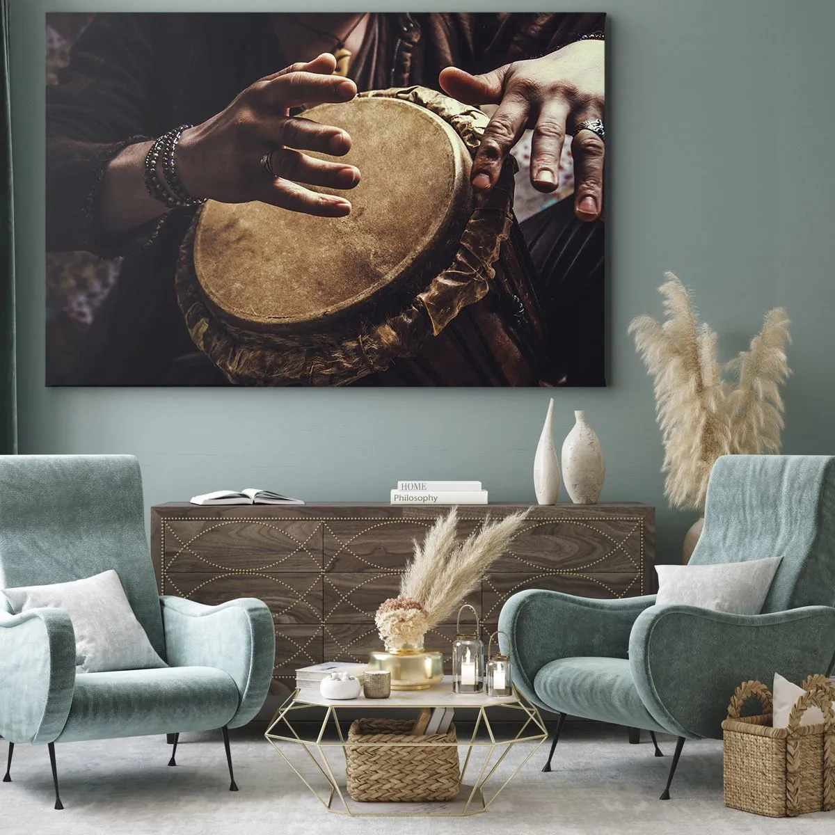 Obraz na płótnie - Ręce grające na tradycyjnym bębnie djembe - 70x50cm - W rytmie serca - Nowoczesna dekoracja ścienna do salonu i sypialni ARTTOR