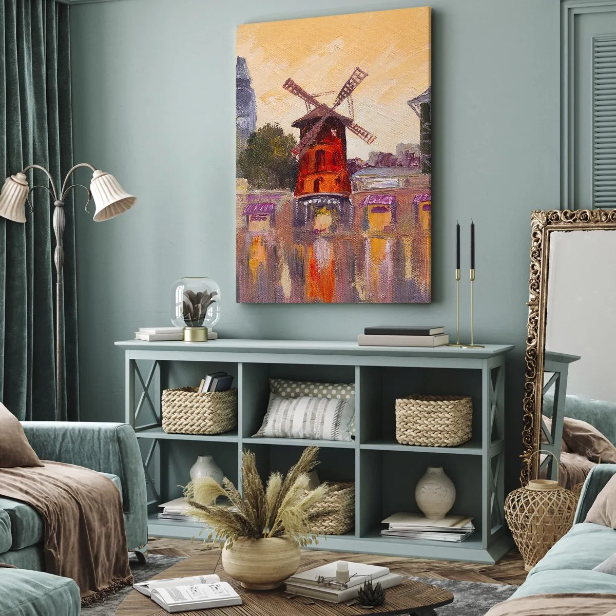 Obraz na płótnie - Czerwony wiatrak Moulin Rouge otoczony miejskim pejzażem - 70x100cm - Paryskie ikony – Moulin Rouge - Nowoczesna dekoracja ścienna do salonu i sypialni ARTTOR