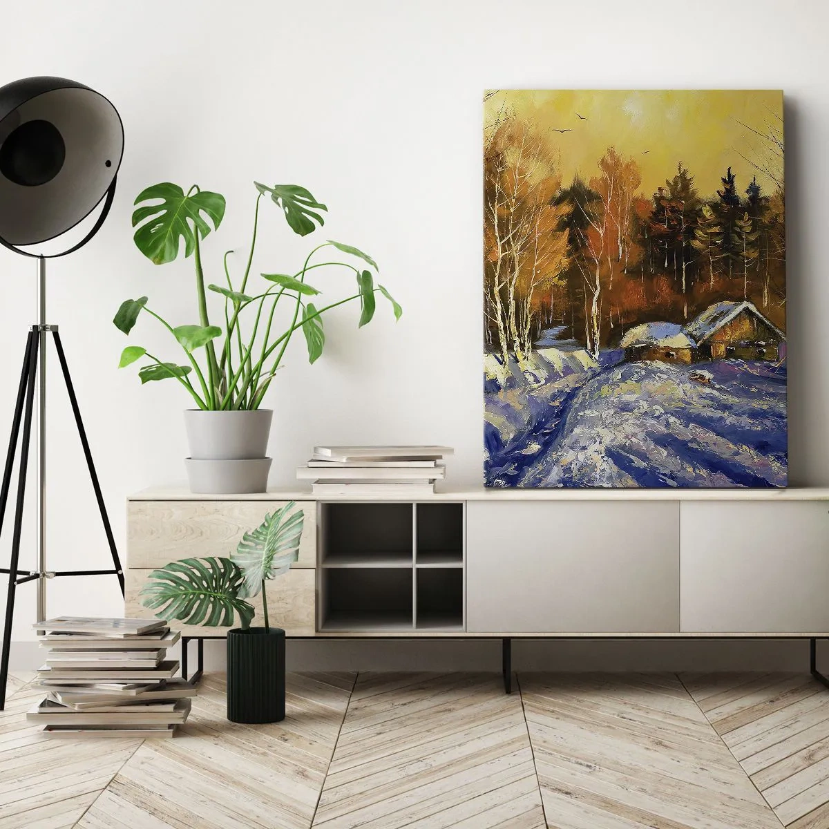 Obraz na płótnie - Zimowy pejzaż z domkiem w lesie - 50x70cm - Zimowa impresja w słońcu - Nowoczesna dekoracja ścienna do salonu, kuchni i sypialni ARTTOR