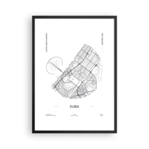 Plakat w czarnej ramie - Minimalistyczna mapa Dubaju w czarno-białym stylu - 50x70cm - Anatomia Dubaju - Nowoczesna dekoracja ścienna do salonu i sypialni ARTTOR