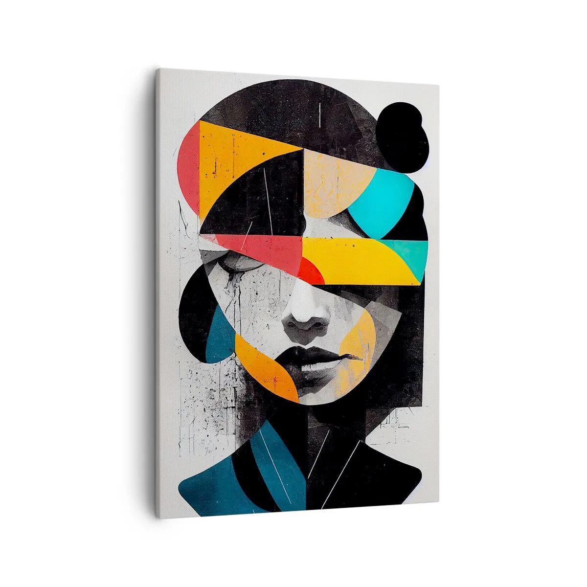 Obraz na płótnie - Abstrakcyjny portret kobiety w geometrycznych kolorowych kształtach - 50x70cm - Portret wewnętrzny wielobarwny - Nowoczesna dekoracja ścienna do salonu, kuchni i sypialni ARTTOR