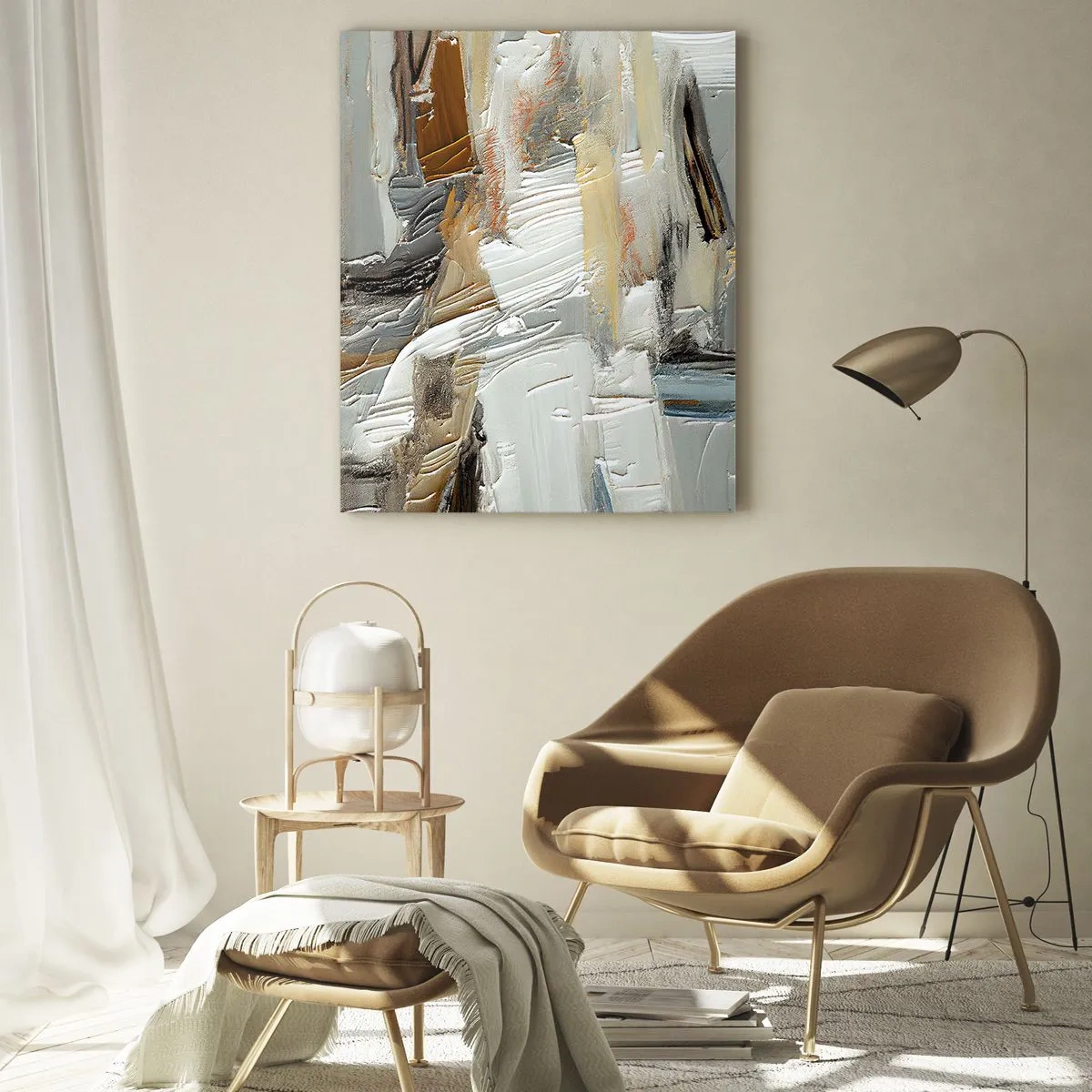 Obraz na szkle - Teksturalna abstrakcja w odcieniach ziemi i bieli - 70x100cm - Barwne nawarstwienia - Nowoczesna dekoracja ścienna do salonu i sypialni ARTTOR