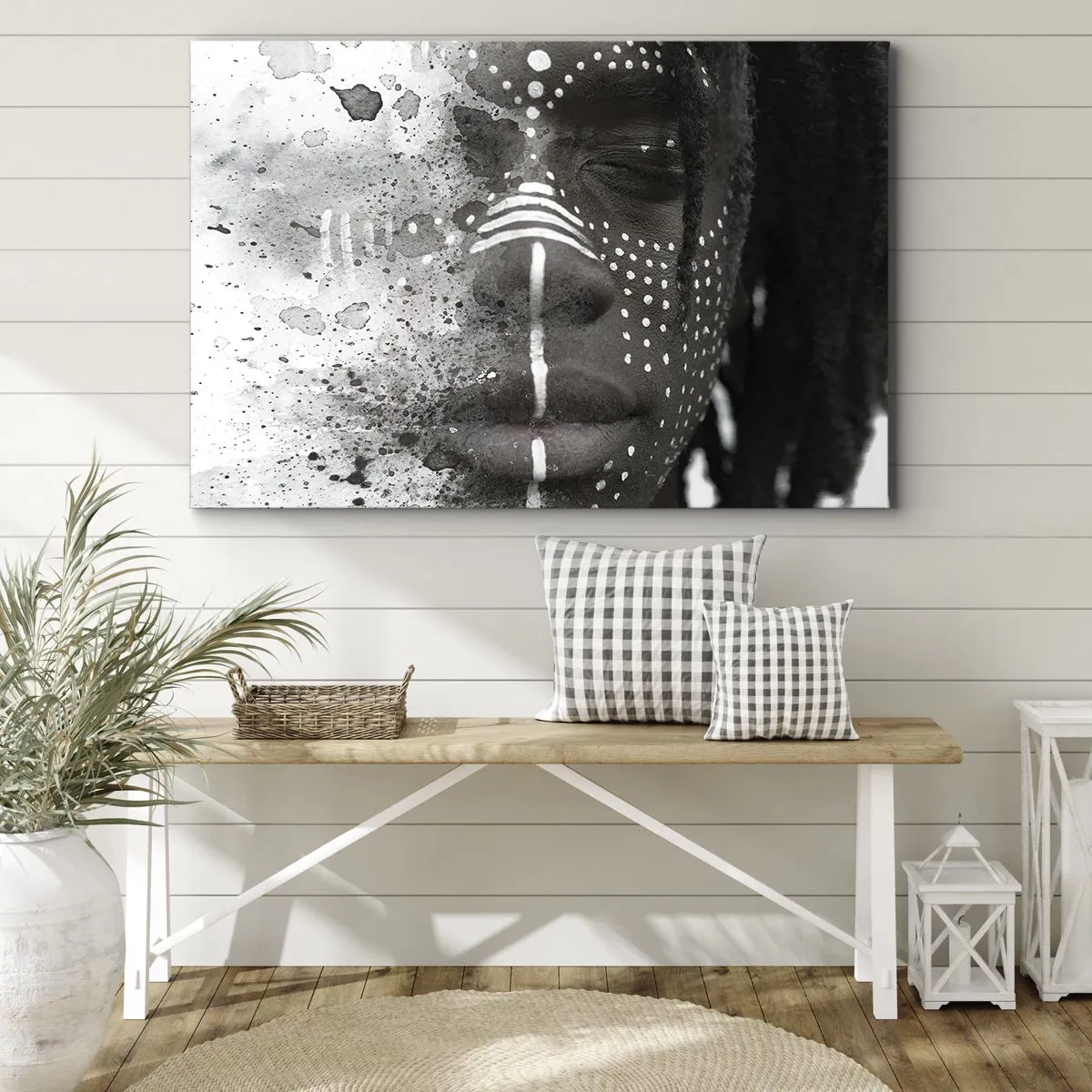 Obraz na płótnie - Artystyczny portret twarzy z abstrakcyjnymi białymi wzorami - 70x50cm - Odkryj pierwotnego ducha - Nowoczesna dekoracja ścienna do salonu i sypialni ARTTOR