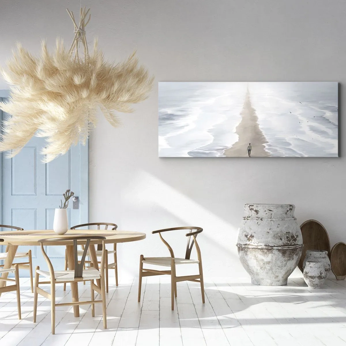 Obraz na płótnie - Postać na samotnej drodze wśród rozległego krajobrazu wodnego - 140x50cm - Jasna przyszłość - Nowoczesna dekoracja ścienna do salonu i sypialni ARTTOR