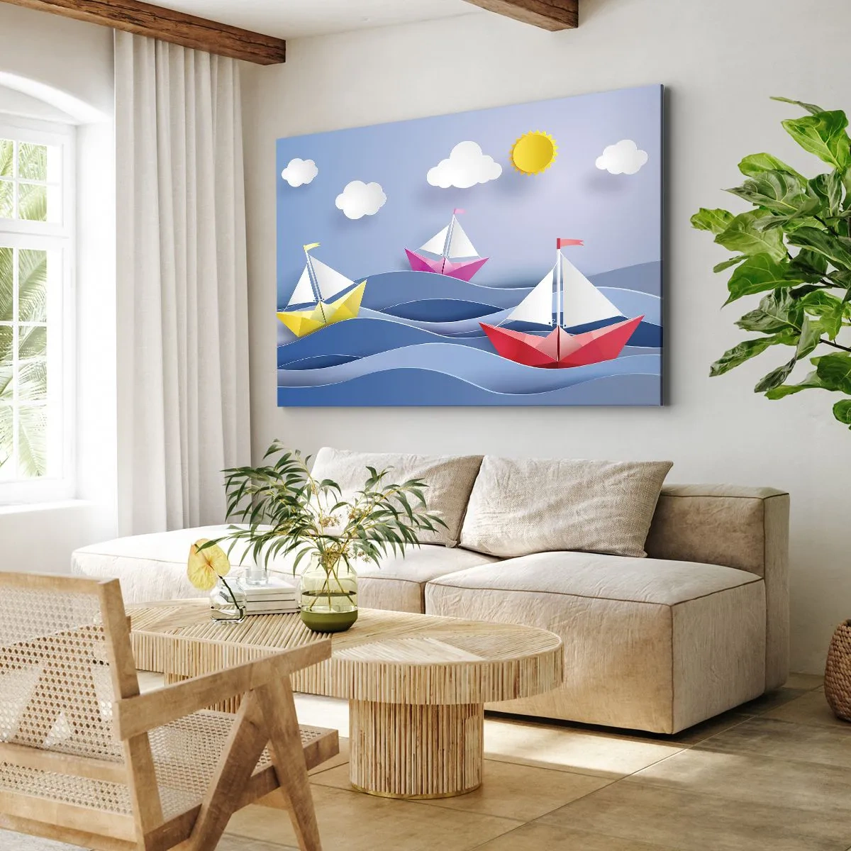 Obraz na płótnie - Kolorowe żaglówki na falach w słoneczny dzień - 70x50cm - Ach, jak przyjemnie kołysać się wśród fal - Nowoczesna dekoracja ścienna do salonu i sypialni ARTTOR