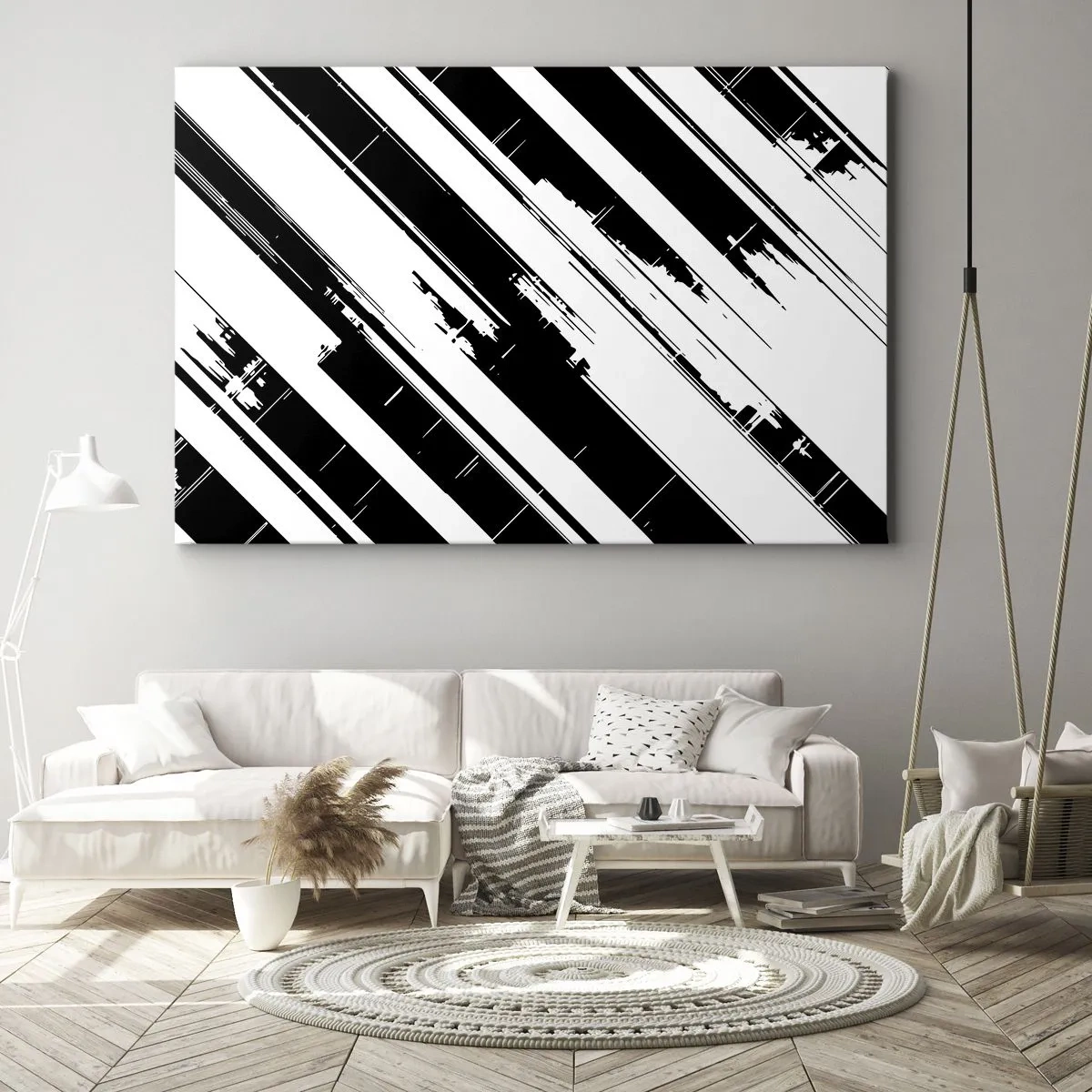 Obraz na płótnie - Czarno-białe linie i geometryczne wzory w nowoczesnym stylu - 70x50cm - Kompozycja intensywna i dynamiczna - Nowoczesna dekoracja ścienna do salonu i sypialni ARTTOR