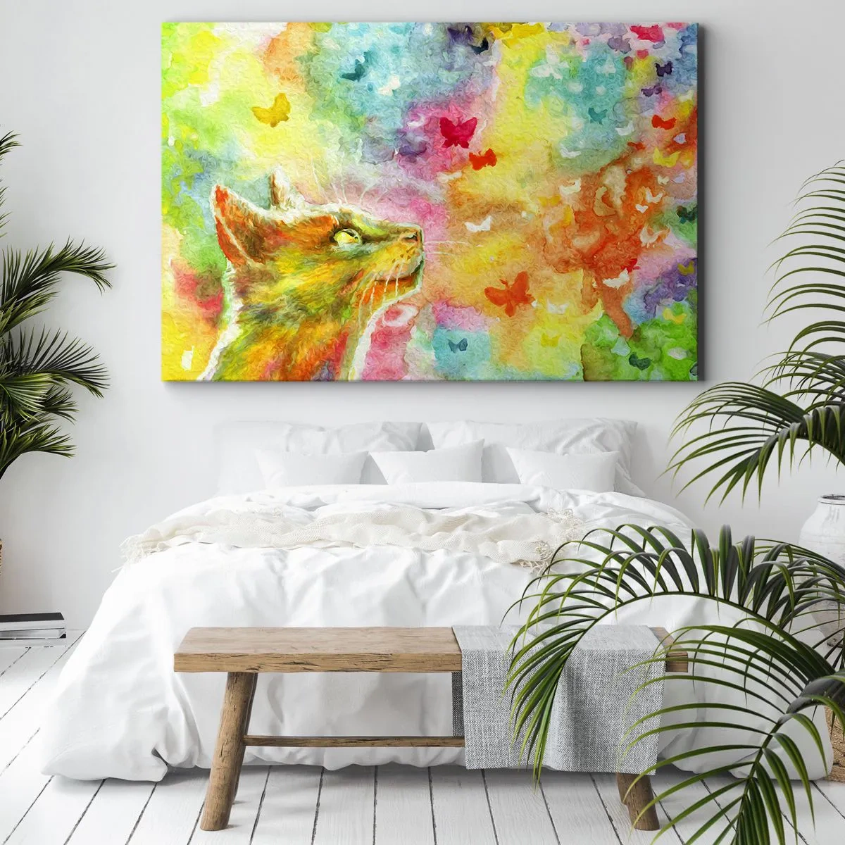 Obraz na płótnie - Kot w otoczeniu kolorowych motyli - 70x50cm - Baju-baju w kocim raju - Nowoczesna dekoracja ścienna do salonu i sypialni ARTTOR
