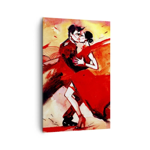 Obraz na płótnie - Para tańcząca tango w czerwonych tonacjach na dynamicznym tle - 80x120cm - Purpurowy rytm namiętności - Nowoczesna dekoracja ścienna do salonu i sypialni ARTTOR