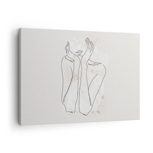 Obraz na płótnie - Linia konturowa przedstawiająca kobiece dłonie na jasnym tle - 70x50cm - Rozmarzona chwila - Nowoczesna dekoracja ścienna do salonu i sypialni ARTTOR