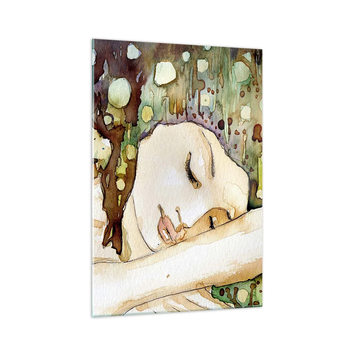 Obraz na szkle - Kobieta śniąca w otoczeniu abstrakcyjnych kształtów i barw - 70x100cm - Szmaragdowo-fiołkowy sen - Nowoczesna dekoracja ścienna do salonu i sypialni ARTTOR