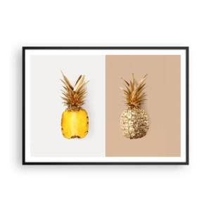 Plakat w czarnej ramie - Połówka świeżego i złotego ananasa na kontrastowym tle - 100x70cm - Ananas dla nas - Nowoczesna dekoracja ścienna do salonu i sypialni ARTTOR