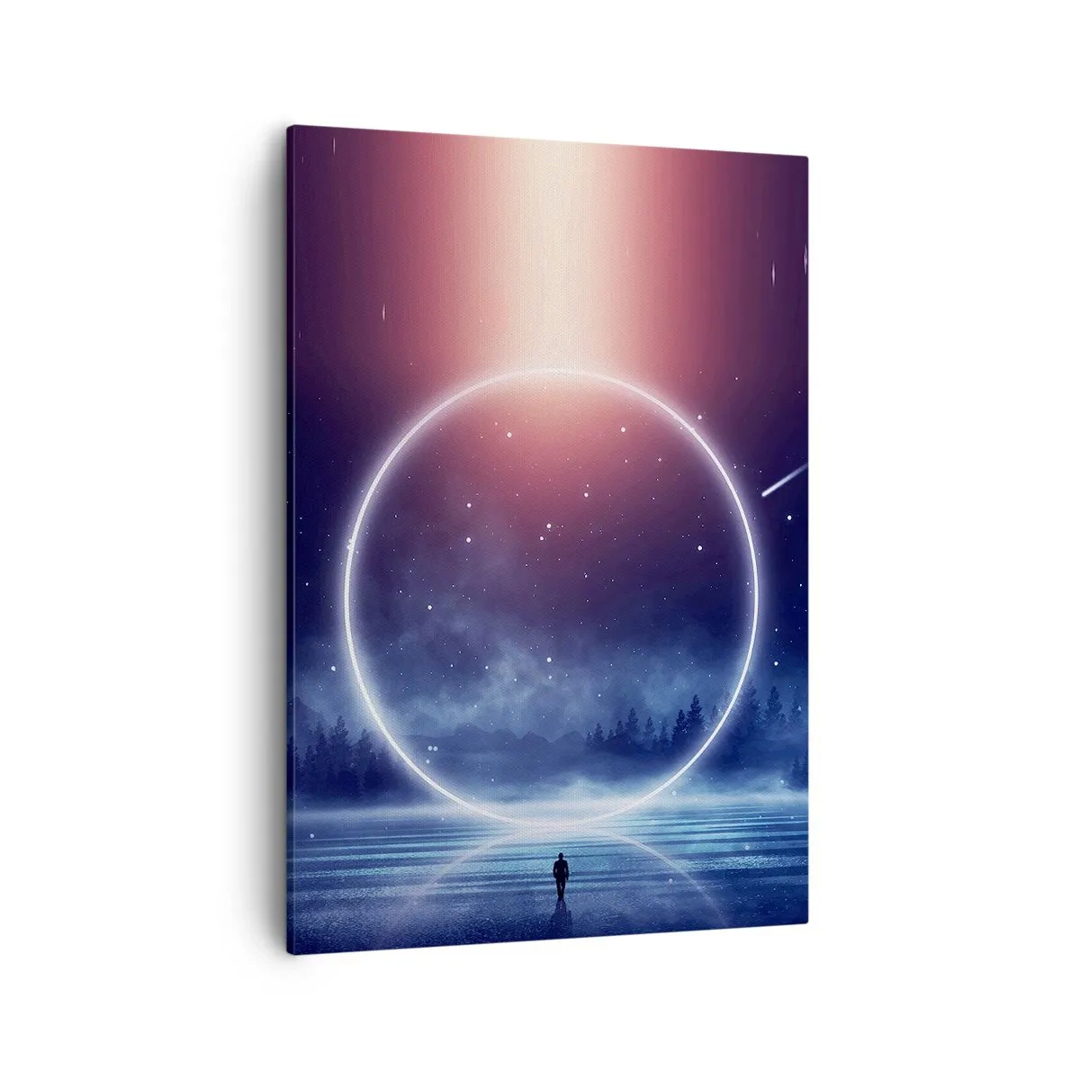 Obraz na płótnie - Magiczna aura z neonowym okręgiem nad jeziorem - 50x70cm - Już tu są… - Nowoczesna dekoracja ścienna do salonu, kuchni i sypialni ARTTOR
