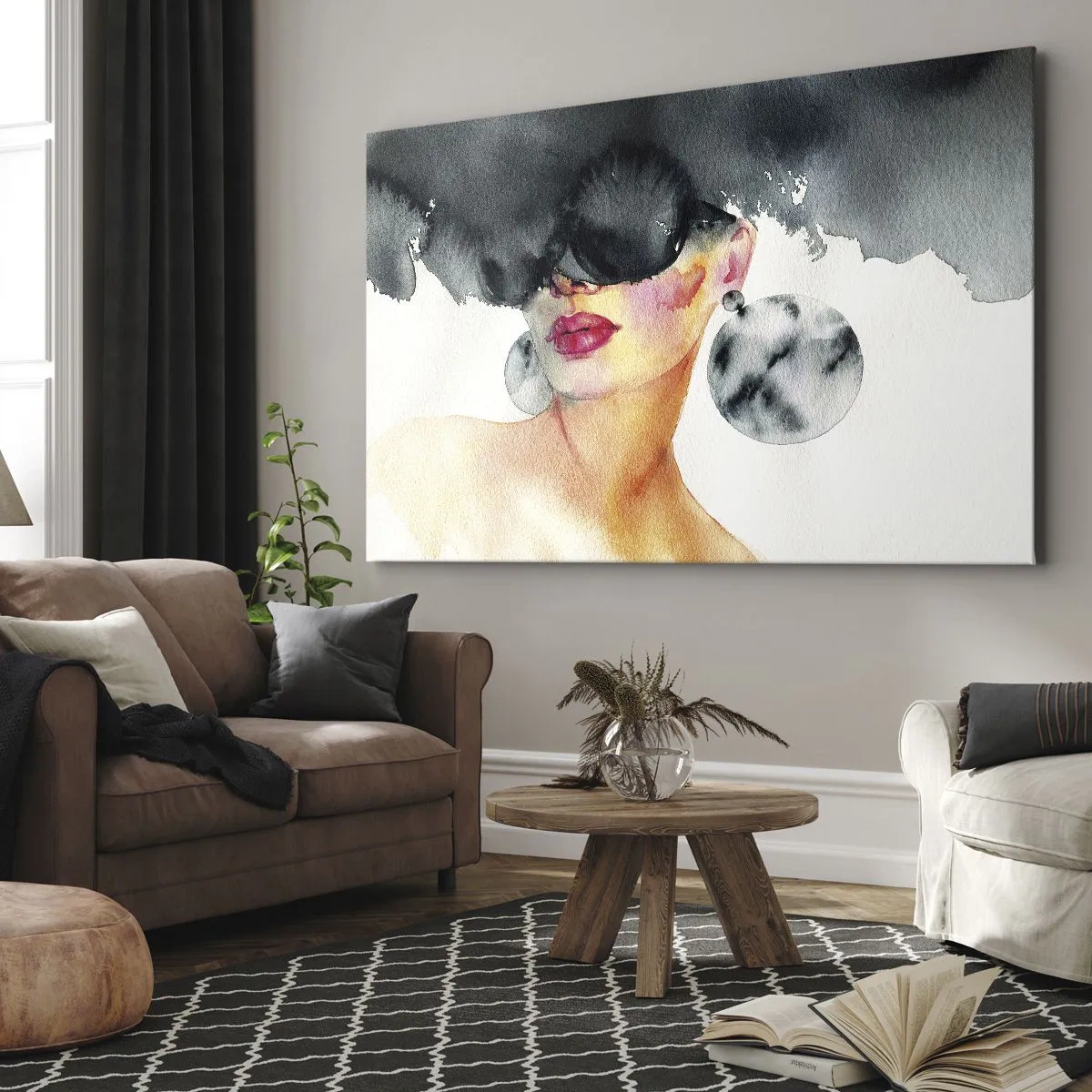 Obraz na płótnie - Kobieta w stylowych okularach i dużych kolczykach - 70x50cm - Tajemnica elegancji - Nowoczesna dekoracja ścienna do salonu i sypialni ARTTOR