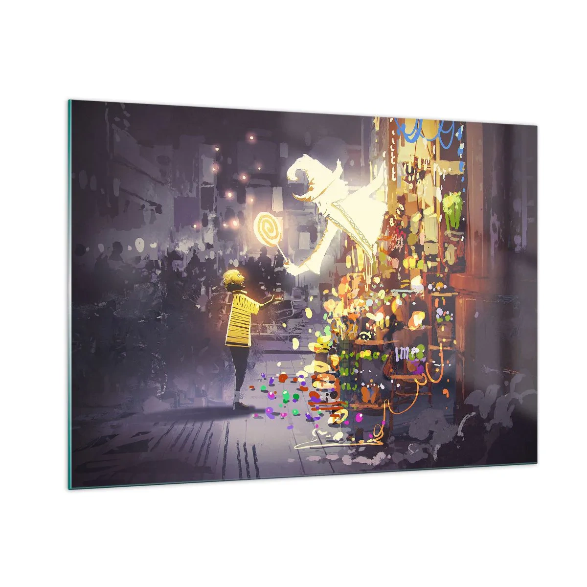 Obraz na szkle - Dziecko w jasnej koszulce przy świetlistym stoisku pełnym kolorowych słodyczy - 100x70cm - Czary istnieją - Nowoczesna dekoracja ścienna do salonu, kuchni i sypialni ARTTOR