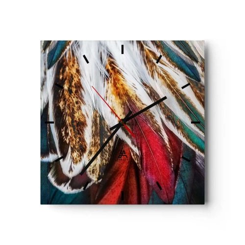 Zegar ścienny - Zbliżenie na wielokolorowe pióra w żywych, intensywnych barwach - 30x30cm - Tajemnice lotu - Nowoczesna dekoracja ścienna do salonu i sypialni ARTTOR
