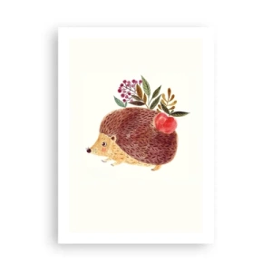 Plakat - Uroczy jeż z jabłkiem i gałązkami na jasnym tle - 50x70cm - I już mnie lubisz - Nowoczesna dekoracja ścienna do salonu, kuchni i sypialni ARTTOR