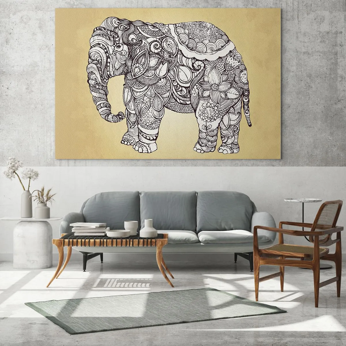 Obraz na szkle - Czarno-biały słoń w orientalne wzory na beżowym tle - 70x50cm - Słoń się zasłonił - Nowoczesna dekoracja ścienna do salonu i sypialni ARTTOR