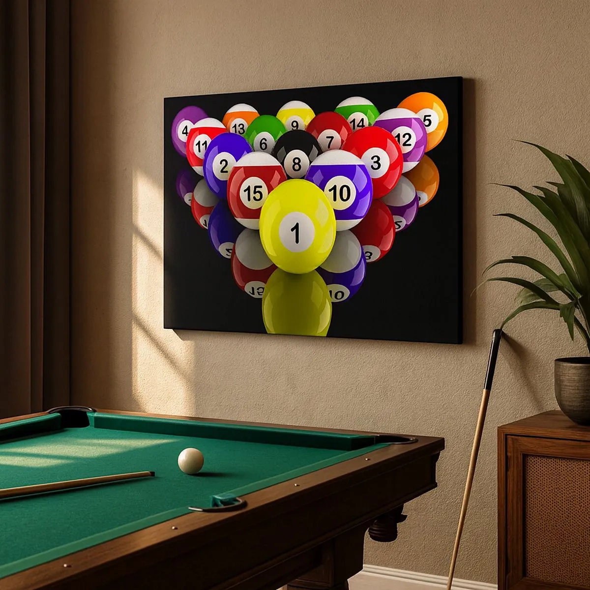 Obraz na płótnie - Kolorowe bile bilardowe ustawione w trójkącie na czarnym tle - 70x50cm - Różne barwy gry - Nowoczesna dekoracja ścienna do salonu i sypialni ARTTOR