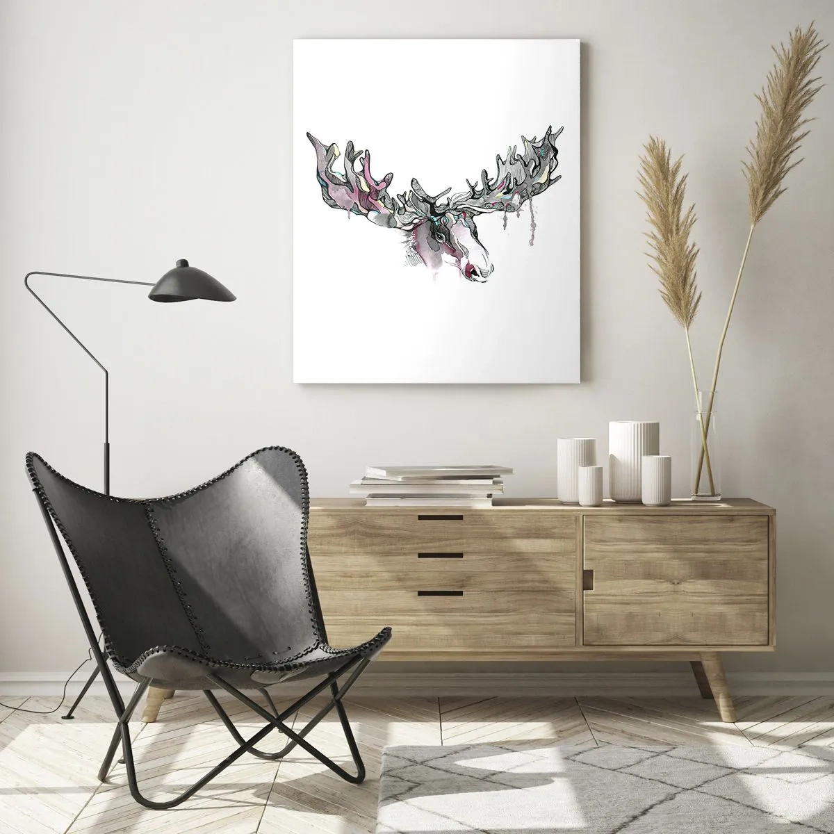 Obraz na szkle - Kolorowa akwarela łosia z rozbudowanym porożem - 50x70cm - Korona króla lasu - Nowoczesna dekoracja ścienna do salonu, kuchni i sypialni ARTTOR