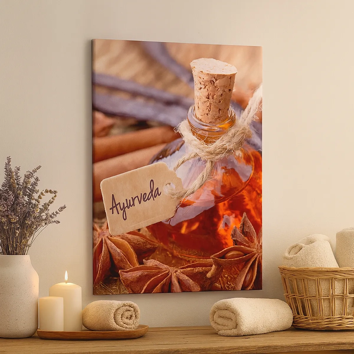 Obraz na płótnie - Butelka z olejkiem ajurwedyjskim, cynamon i anyż na rustykalnym tle - 50x70cm - Ku jedności ciała i ducha - Nowoczesna dekoracja ścienna do salonu, kuchni i sypialni ARTTOR