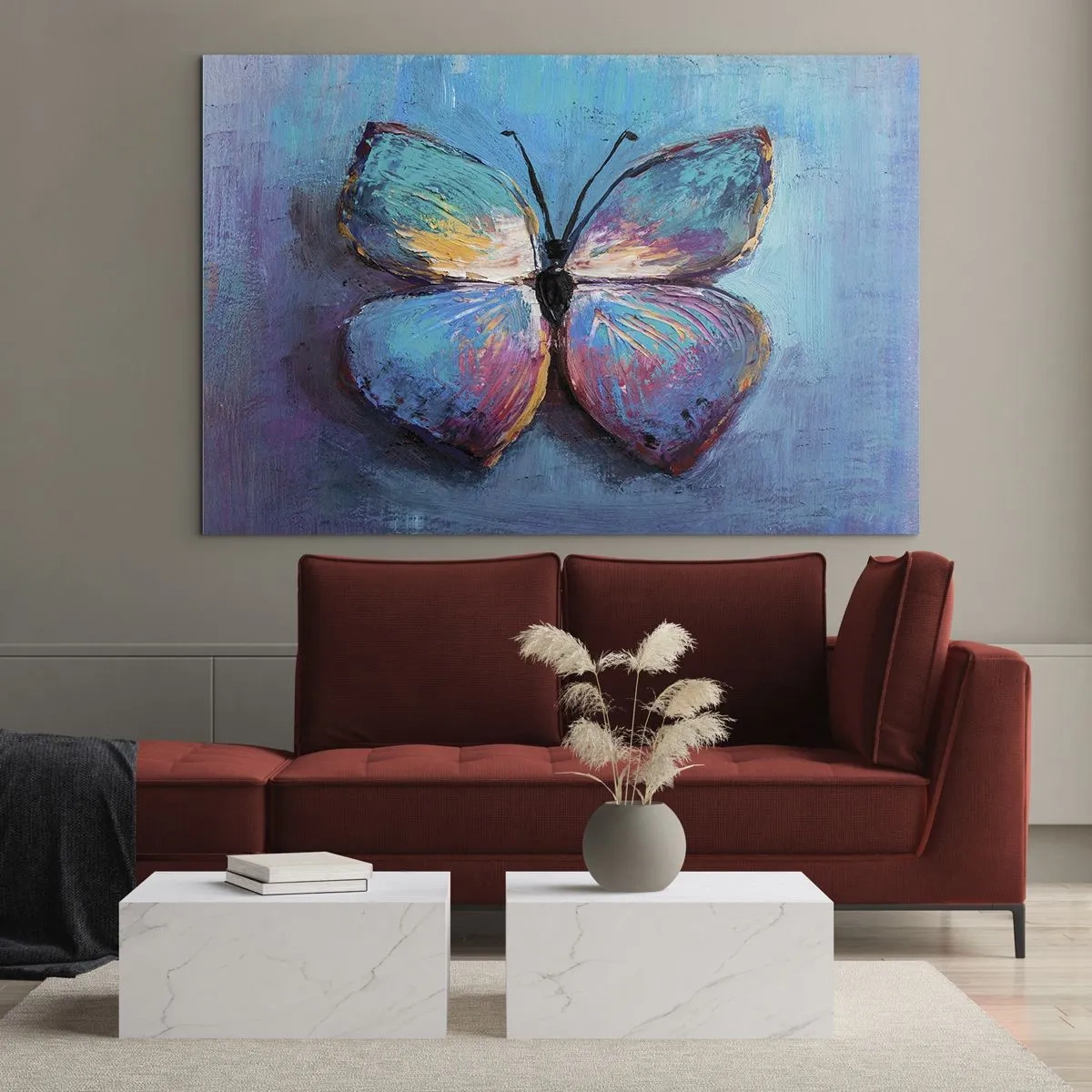 Obraz na szkle - Kolorowy motyl na tle abstrakcyjnych barw w odcieniach niebieskiego i fioletu - 70x50cm - W pełnej krasie - Nowoczesna dekoracja ścienna do salonu i sypialni ARTTOR