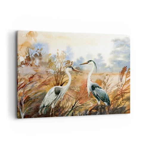 Obraz na płótnie - Dwie czaple na tle jesiennego pejzażu - 100x70cm - Dokąd jesienią? - Nowoczesna dekoracja ścienna do salonu, kuchni i sypialni ARTTOR