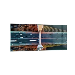Obraz na szkle - Most widziany z lotu ptaka nad rzeką i jesiennym krajobrazem - 120x50cm - ZA wodami, za lasami - Nowoczesna dekoracja ścienna do salonu i sypialni ARTTOR